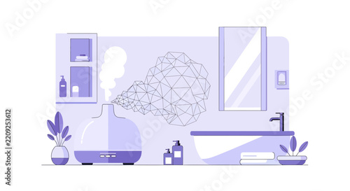 Modern Bathroom with Essential Oil Diffuser and Aromatherapy Steam, Wellness and Spa Vector Illustration