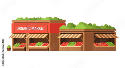 Flat Design Organic Market Stall Illustration - Sustainable Farmers Market Stand with Fresh Fruits and Vegetables on White Background