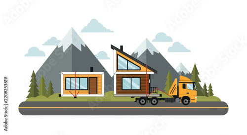 Modular Home Transportation: Truck Delivering Prefab House Sections in Mountain Landscape Vector Illustration