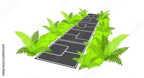 Asphalt Pathway with Green Fern Borders Isolated on White, Perspective View of a Road Surface Concept for Growth, Progress and Journey