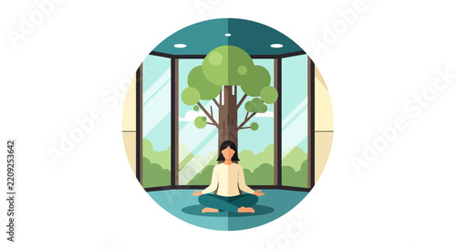 Woman Meditating in Lotus Pose with Tree in Modern Room, Mindfulness and Mental Wellness Concept Flat Vector Illustration