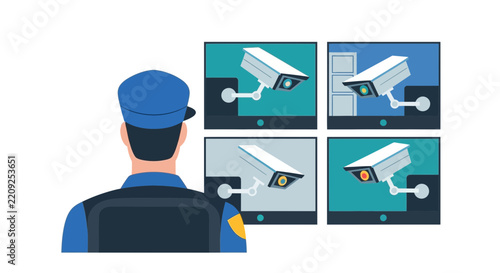 Security Guard Monitoring CCTV Surveillance System on Multiple Screens in Control Room. Flat Vector Illustration of Professional Safety and Protection Services.