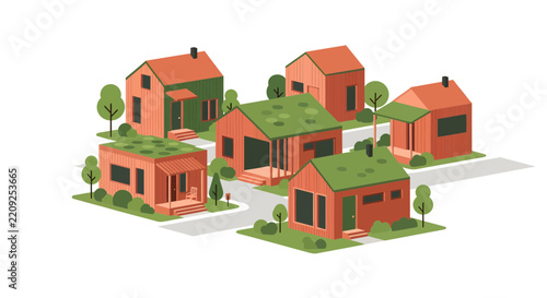 Modern Eco-Friendly Tiny House Community Isometric Vector Illustration with Sustainable Green Roofs and Wooden Homes