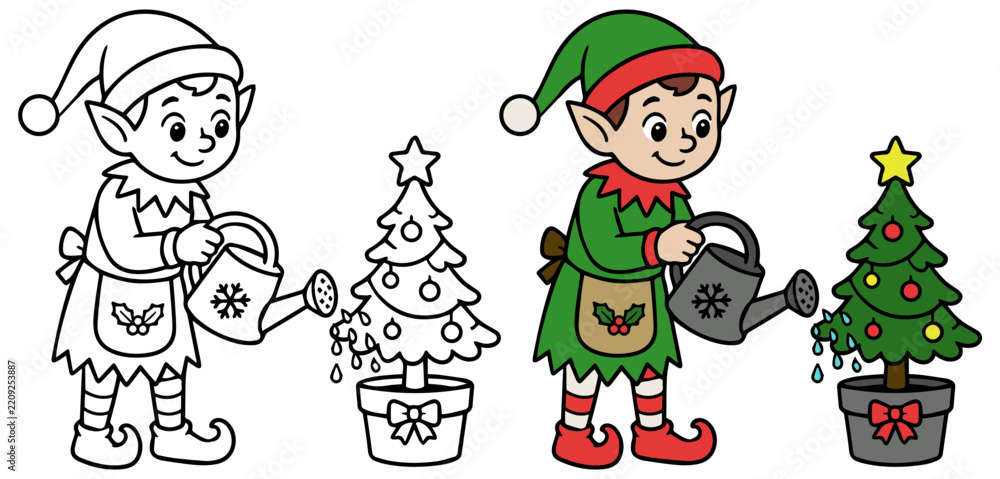 Fototapeta premium Christmas elf watering tree color and outline line art vector