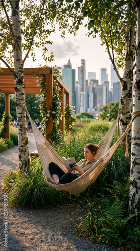 Woman reading book in hammock at urban park. Vertical photo of person relaxing among birch trees with city skyline background