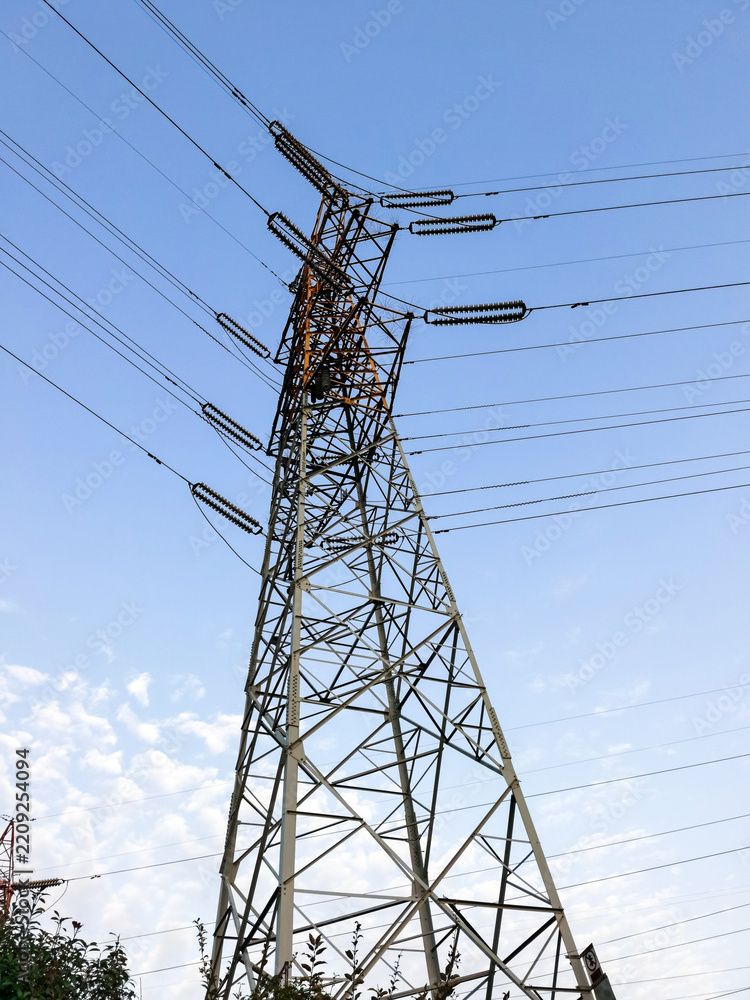 Obraz premium High-voltage power transmission pylon in the wild