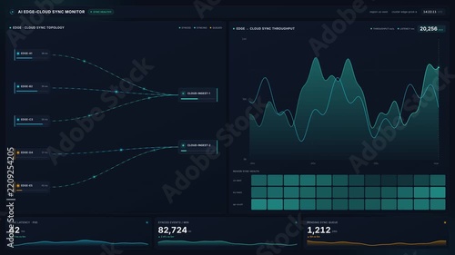 Advanced 4k ai edge cloud sync monitor interface with real time network traffic data server performance graphs, for big data analysis, digital security, system