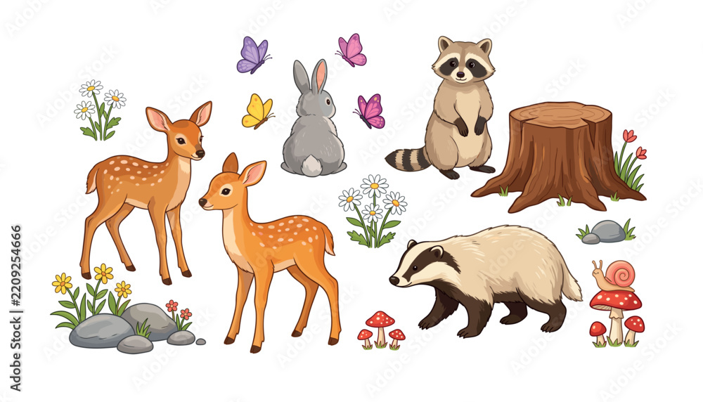 Obraz premium Cute woodland animal vector sticker collection featuring baby deer raccoon badger and rabbit in a forest setting