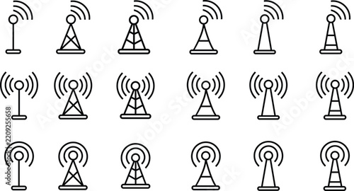 Antenna line icon set. Radio antenna black linear vector isolated on transparent background. Radio tower. Communication towers outline collection. Transmitter receiver wireless signal. Easily editable