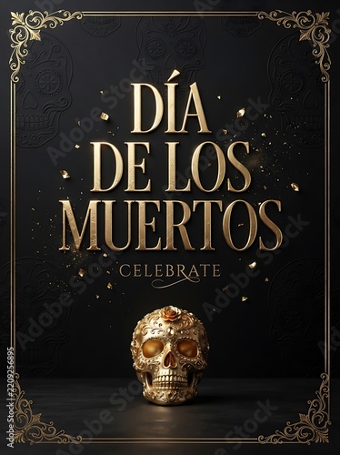 Elegant gold Dia de los Muertos typography poster with ornate skull on dark luxury background