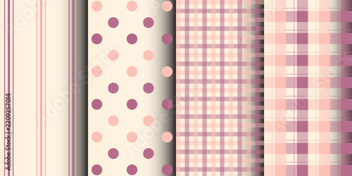 Seamless patterns with stripes polka dots plaid and checks in pastel colors