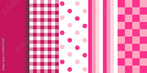 Seamless patterns with gingham florals stripes and checks in shades of pink