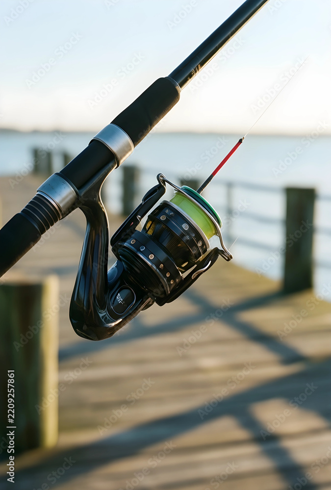 Fototapeta premium Leisure and recreation, fishing rod with spinning reel on a wooden pier at sunrise for outdoor hobby and travel lifestyle photography