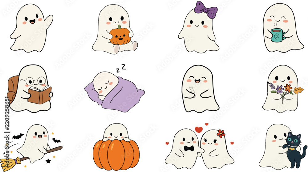 Obraz premium Cute hand drawn Halloween ghost clipart collection featuring adorable ghost characters reading a book, sleeping, holding a pumpkin, drinking tea, carrying flowers, riding a broom, playing with a black