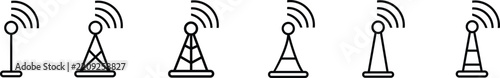 Antenna line icon set. Radio antenna black linear vector isolated on transparent background. Radio tower. Communication towers outline collection. Transmitter receiver wireless signal. Easily editable