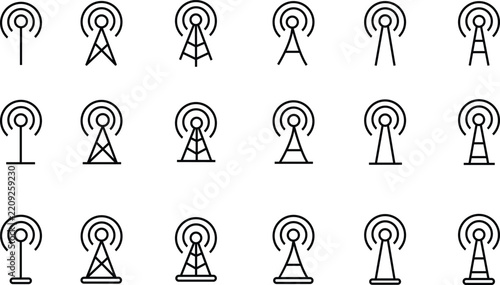 Antenna line icon set. Radio antenna black linear vector isolated on transparent background. Radio tower. Communication towers outline collection. Transmitter receiver wireless signal. Easily editable