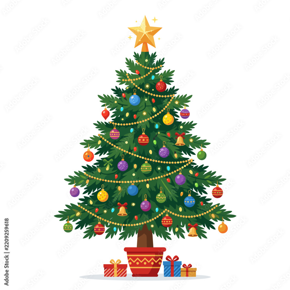 Fototapeta premium Festive Christmas Tree Decorated with Ornaments Lights and Star Topper with Gifts Below