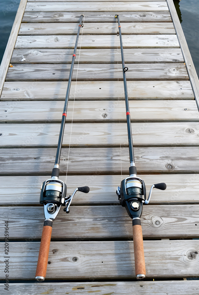 Fototapeta premium Leisure and recreation, two fishing rods on a wooden dock for outdoor hobby and travel lifestyle, summer vacation activity at the lake or river