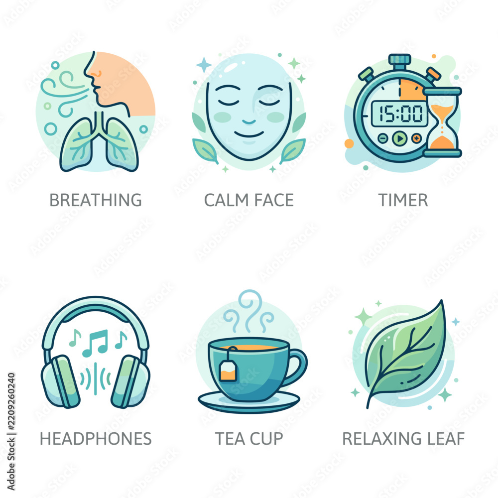 Fototapeta premium Collection of Icons Representing Relaxation and Self Care Activities Like Breathing, Calm Face, Timer, Headphones, Tea and Leaf