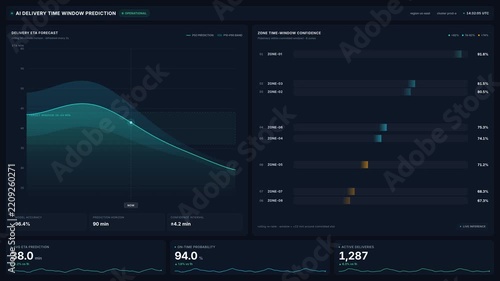 Futuristic 4k data dashboard for ai delivery time window prediction charts zone confidence metrics, for logistics optimization, supply chain analytics, automated