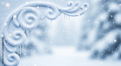 Snowy arch with intricate frosty curls glistens under soft winter light.