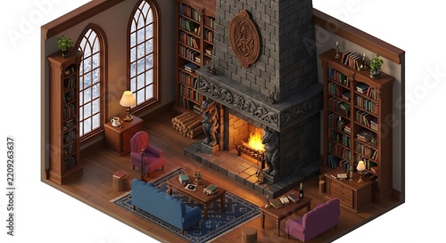 Cozy library interior features a warm stone fireplace and wooden furniture.