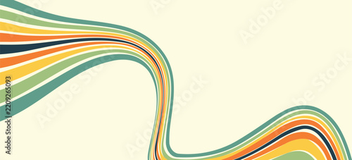 Abstract colorful 70s background vector. Vintage retro wallpaper with rainbow stripes and wavy lines. A 1970 color illustration suitable for posters, banners, decorative items and wall art.