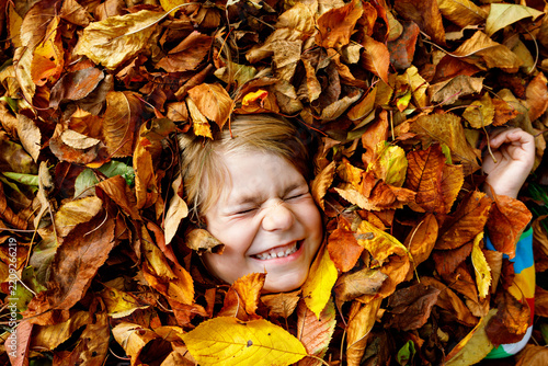 Autumn portrait of little preschool girl in autumn park on warm october day with oak and maple leaf. Child with lot of leaves. Family outdoor fun in fall