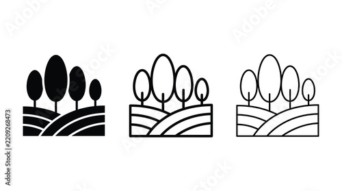 Tree orchard icon set featuring stylized forest landscapes in flat and line art