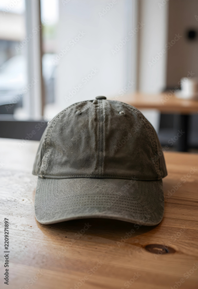 Obraz premium Casual fashion and streetwear style, olive green baseball cap on a wooden table in a coffee shop setting for urban lifestyle and apparel branding