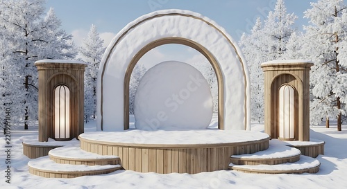 Wooden podium stage stands proudly amidst a snowy winter forest landscape.