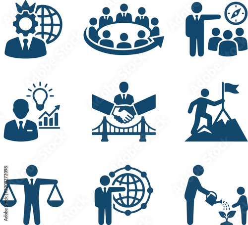 Corporate Leadership Icons Set with Teamwork, Strategy, and Growth Concepts