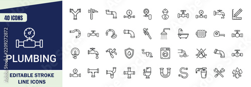 Plumbing Icons Set Featuring Pipes, Water Systems, Maintenance, Drainage and Plumbing Equipment with Editable Stroke Vector Design