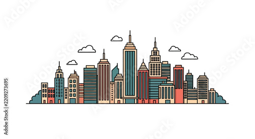 Colorful city skyline with skyscrapers.