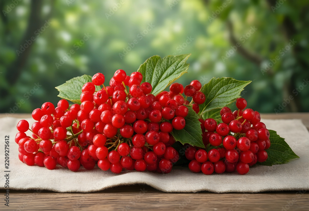 Naklejka premium Organic viburnum berries, healthy superfood and autumn harvest concept, fresh red guelder rose fruit with green leaves on a rustic linen cloth background