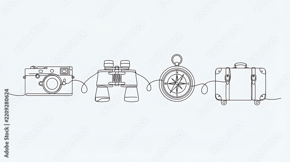 Obraz premium Continuous line drawing of travel gear including a camera binoculars compass and suitcase for vacation with vacation