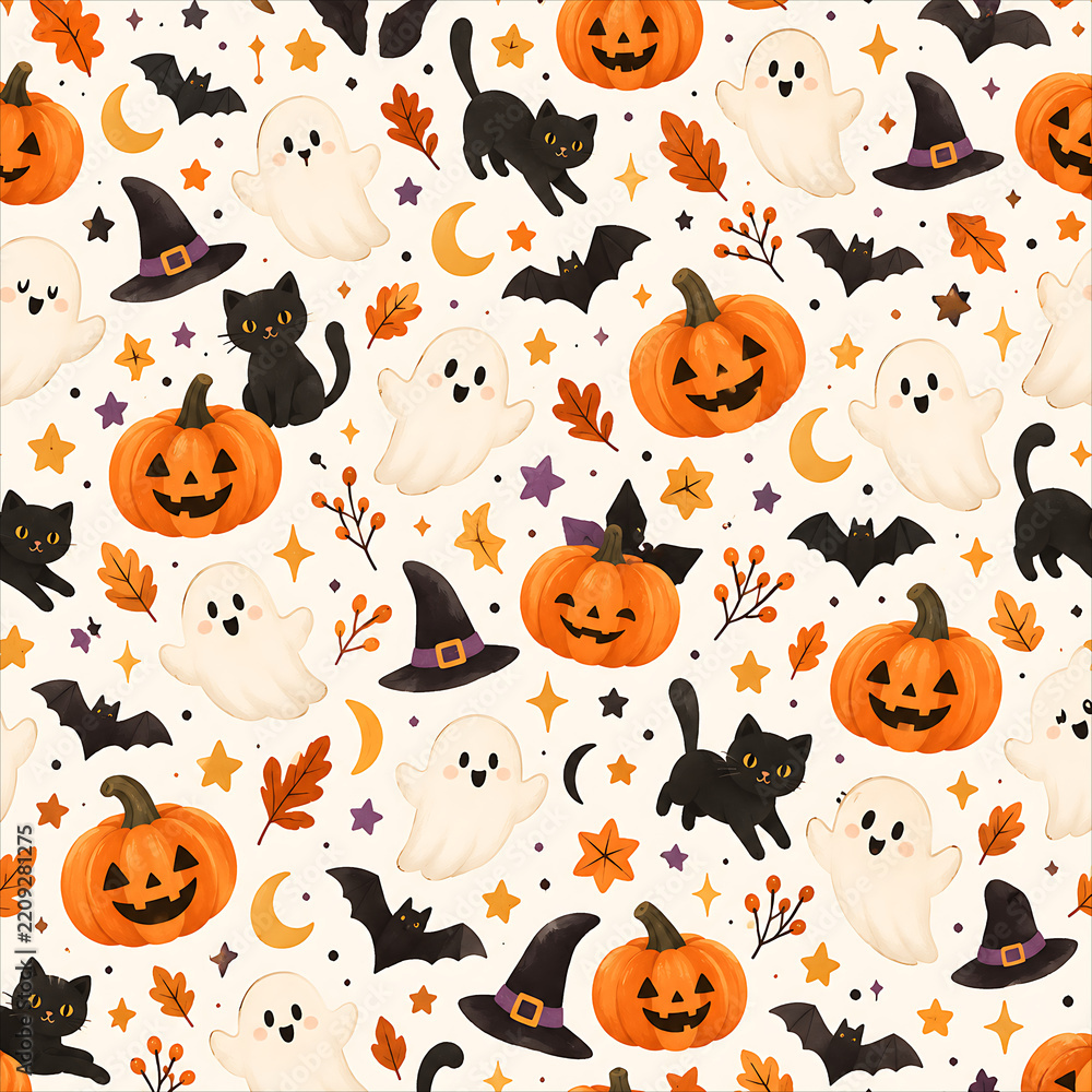 Obraz premium Patrón Halloween cute con fantasmas calabazas gatos y sombreros de bruja.