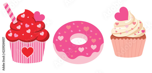 Valentine sweets and treats cupcake and donut vector illustration isolated.
