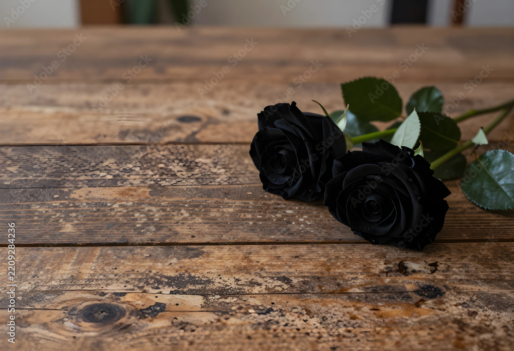 Naklejka premium Mourning and loss concept, two black roses on a rustic wooden table for funeral sympathy, grief and remembrance with dark floral aesthetic for memorial
