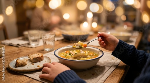 Thanksgiving dinner with person enjoying soup in cozy home setting with copy space