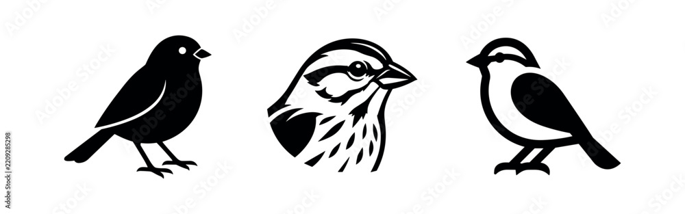 Fototapeta premium Sparrow head profile and full body silhouettes set of garden bird wildlife graphics