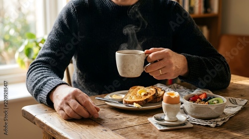 Person enjoying breakfast with coffee and eggs in cozy kitchen setting