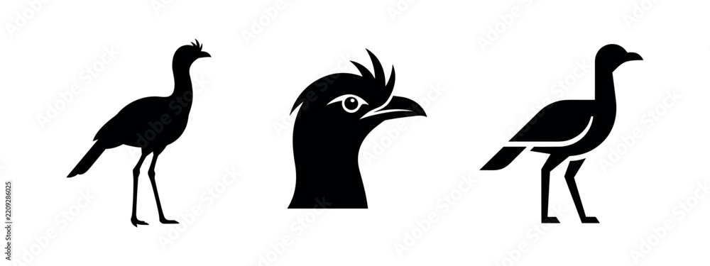 Obraz premium Seriema and crane bird silhouettes, minimalist vector icon set for wildlife conservation