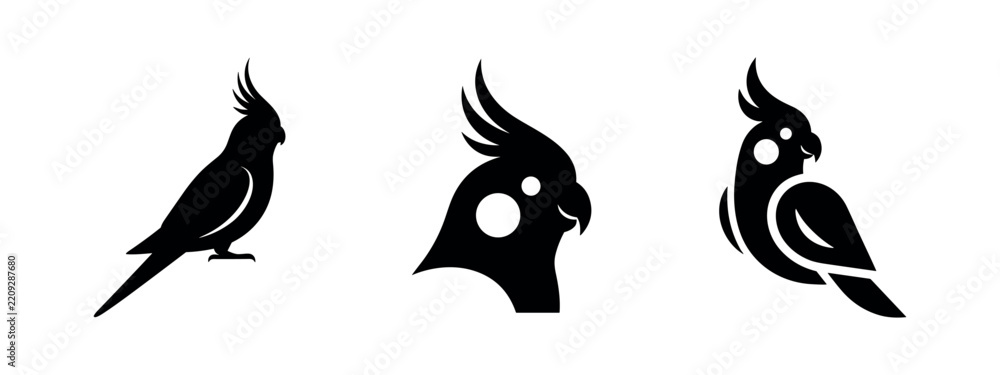 Naklejka premium Set of cockatiel and crested bird silhouettes and head profiles, vector minimalist icons.