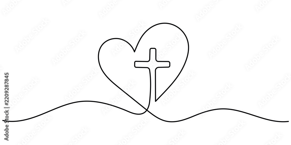 Fototapeta premium Christian Cross in Heart One Line Drawing with Editable Stroke