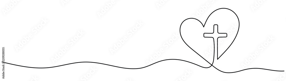 Obraz premium Christian Cross in Heart One Line Drawing with Editable Stroke