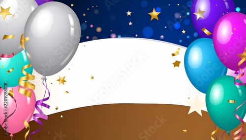 Colorful balloons and golden confetti on a festive background with copy space for celebration
