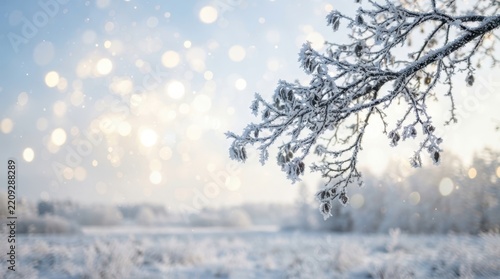 Detailed frost on tree branches with warm bokeh light particles floating in soft winter air against blurred background