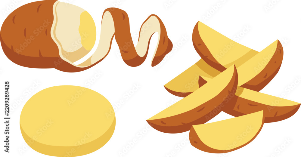 Obraz premium Peeled Potato Skin and Crispy Wedges Vector Icon Set for Restaurant Menus and Fast Food Graphic Designs