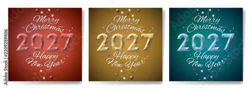 Merry Christmas & Happy New Year 2027 cards set. Crystal ice glass numbers, vector illustration 